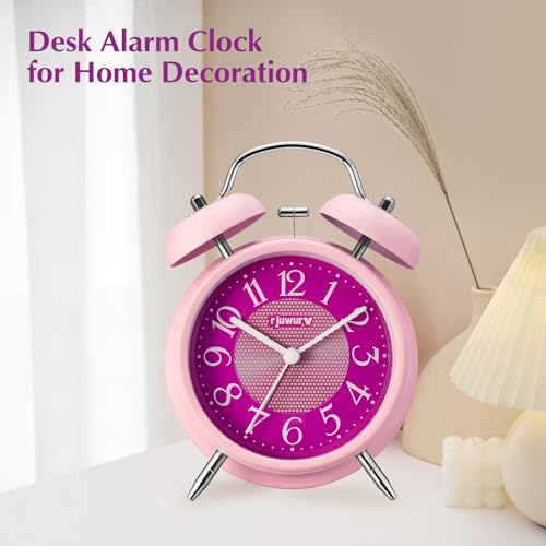 rjuwurv 4-Inch Twin Bell Alarm Clock - Silent Non-Ticking with Night Light, Pink