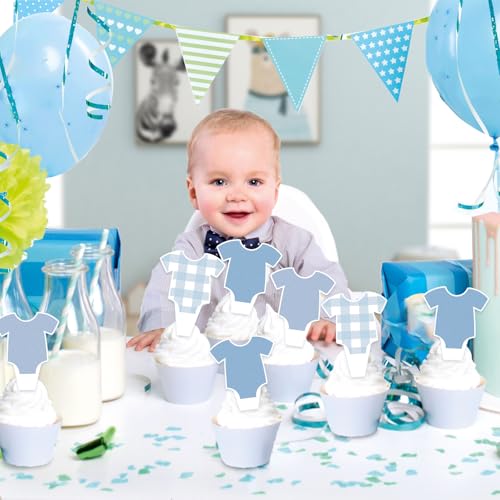 48 PCS Blue Bodysuit Cupcake Toppers for Baby Shower Party