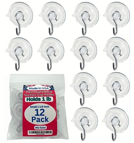 Wis-Sales 12 Pack Small 1 1/4-Inch Heavy Duty Suction Cup Hooks for Glass & Windows - Made in USA