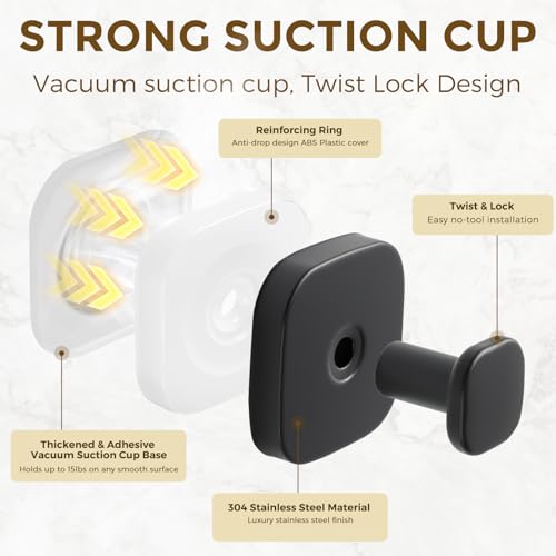 Matte Black Suction Cup Hooks - 2 Pack for Bathroom & Kitchen