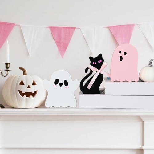 Cute Pink Ghost Halloween Decor - 3-Piece Wooden Set for Home