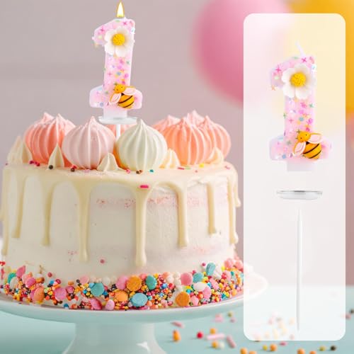 1st Birthday Candle - Shiny Pink Flower Bee Number One Cake Topper (Style 1)