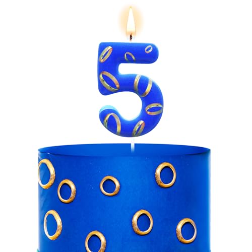 Conelist Number 5 Birthday Cake Candles - Blue & Gold Rings, 1 Piece, Party Decor