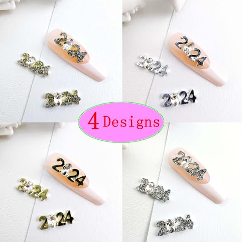 FIEONCIY 2024 Number Nail Rhinestones 3D Alloy Metal Digit Charms - 14Pcs