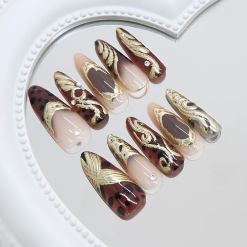 Long Almond French Tip Press on Nails Chrome Gold Leopard Print False Nails