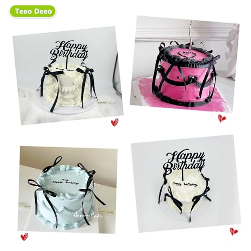 Elegant Black Ribbon Cake Toppers - 6 Pcs Happy Birthday Set