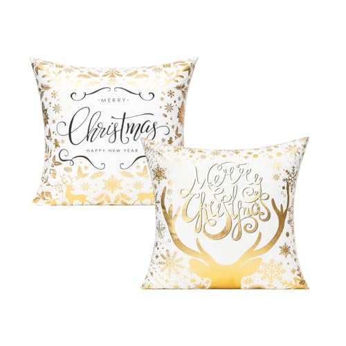 Christmas White Gold Velvet Throw Pillow Covers 18x18 - Set of 2