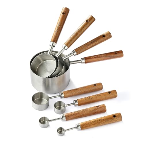 8-Piece Stainless Steel Measuring Cups and Spoons Set with Wood Handles