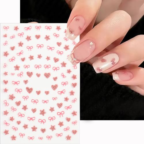 Glitter Heart Star Bows Nail Stickers 3D Self-Adhesive Decals 6 Sheets