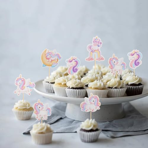 24Pcs Unicorn Cupcake Toppers - Rainbow Moon & Cloud Birthday Party Picks (Unicorn 2)