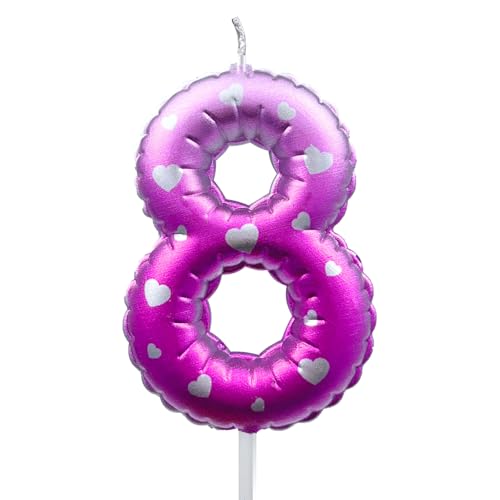 Pink Number 8 Birthday Candle with Silver Heart Cake Topper