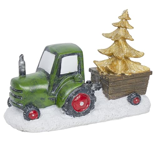 Alpine Corporation Holiday Green Tractor Pulling Tree Statue with LED Lights