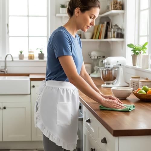 White Waist Apron for Women with Pockets - Chef Half Apron