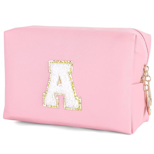 LLNC Personalized Initial Makeup Bag - Waterproof PU Leather Preppy Cosmetic Bag with Double Zipper