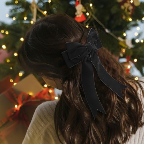 Quacc Large Velvet Bow Hair Clip with Satin Ribbon - Black Hair Accessory