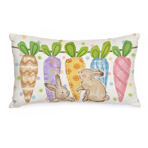 Easter Bunny Pillow Cover 12x20 Inch with Carrots & Polka Dots