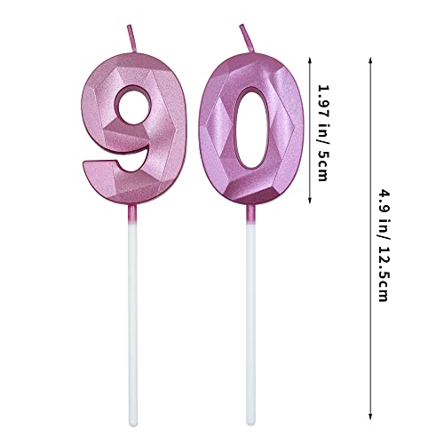 Pink 3D Diamond 90th Birthday Cake Candle Set - 2 Pcs
