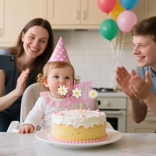 Pink Glitter Daisy Birthday Cake Topper - Happy Birthday Decoration