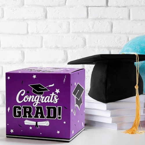 Graduation Card Box 2026 - Elegant Gift Holder, Purple, 9x9x9 in