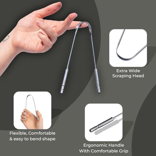 Stainless Steel Tongue Scraper 2 Pack with Travel Cases for Bad Breath