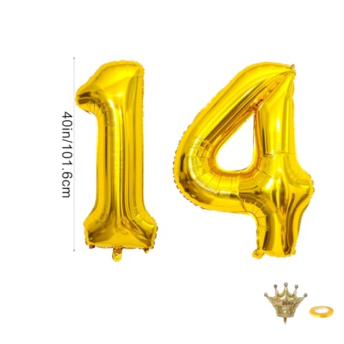 32 Inch Gold Number 14 Crown Balloon Set for 14th Birthday Party and Anniversary