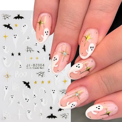 Halloween Nail Stickers 4 Sheets Pink Ghost Spider Web Decals with Rhinestones