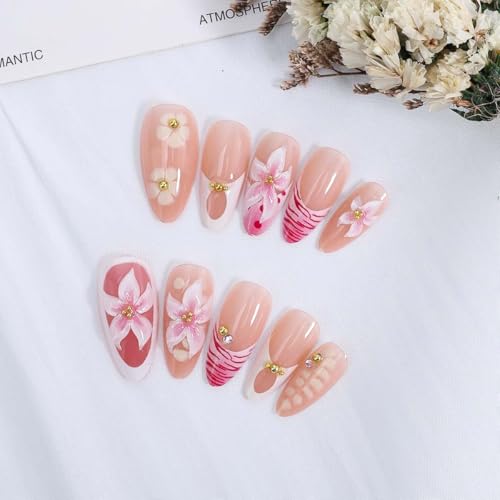 Flower French Tip Press On Nails Medium Almond Pink Fake Nails With Rhinestones