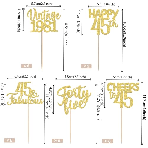 30PCS 45th Birthday Cupcake Toppers Vintage 1981 Gold Glitter Picks