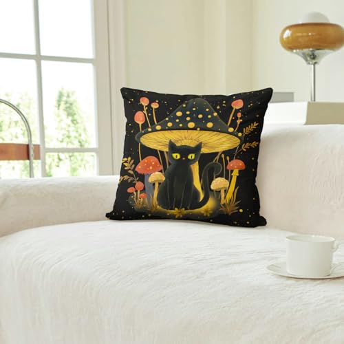 Whimsical Mushroom & Black Cat Pillow Cover - 18x18 Inch Cushion Case for Sofa & Bed