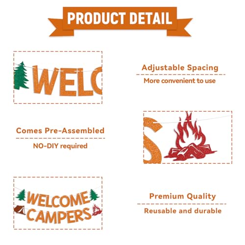Welcome Campers Banner - Orange Glitter Camping Party Decor