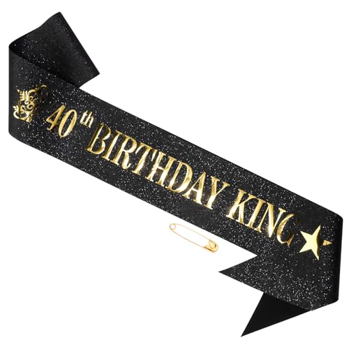 40th Birthday Sash for Men - Black Glitter King Sash with Gold Foil