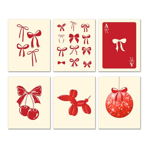 Preppy Red Bow Wall Art Posters Aesthetic Coquette Disco Ball Set of 6