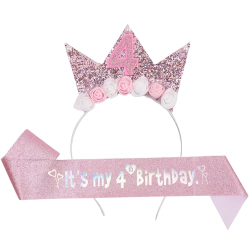 4th Birthday Girl Crown and Glitter Sash Set