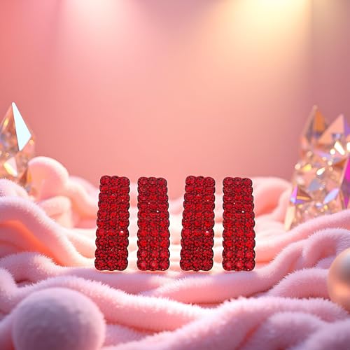 Red Rhinestone Snap Hair Clips Rectangular Korean Barrettes 4Pcs