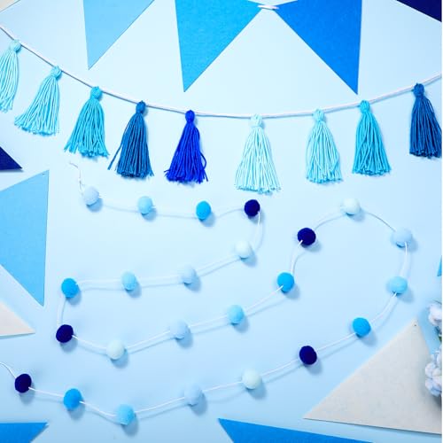 Irenare Blue Pom Pom Garland - 4 Pcs, 9.8 ft Classroom Decor