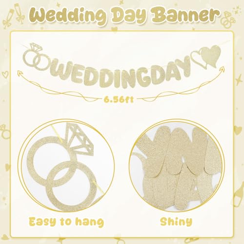 Wedding Day Banner with Hearts & Ring Shapes - Gold Glitter Wedding Decor
