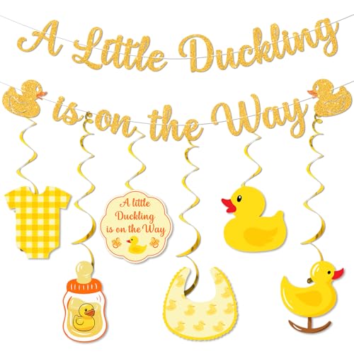 Gold Duck Baby Shower Decorations Set - A Little Duckling Is On The Way Banner & Swirls