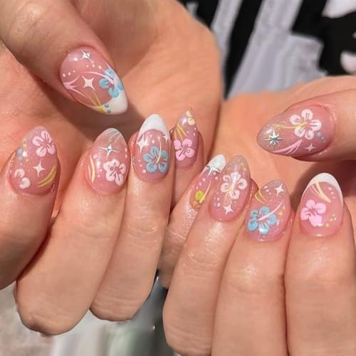 Short Almond Press on Nails Glossy White French Floral False Nails