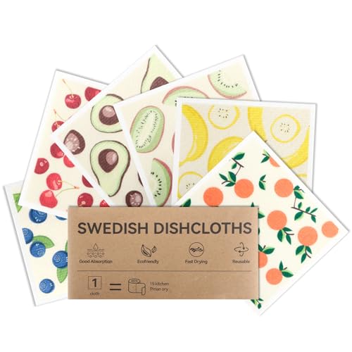 Lsnisni Swedish Dishcloths 6-Pack - Reusable Fruit Print Cleaning Cloths
