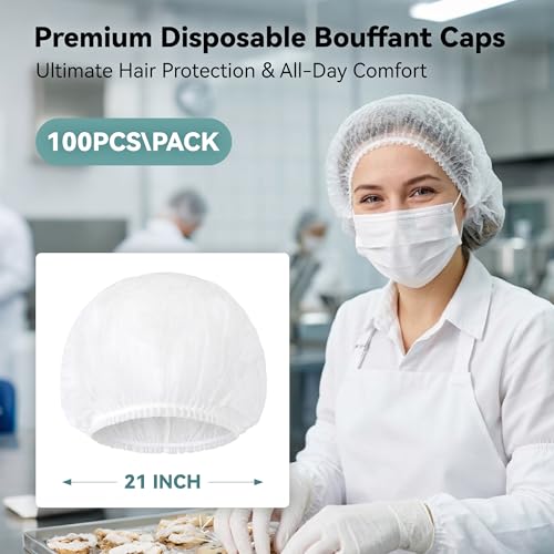 21-Inch Disposable Bouffant Hair Nets - White 100pcs for Food Service