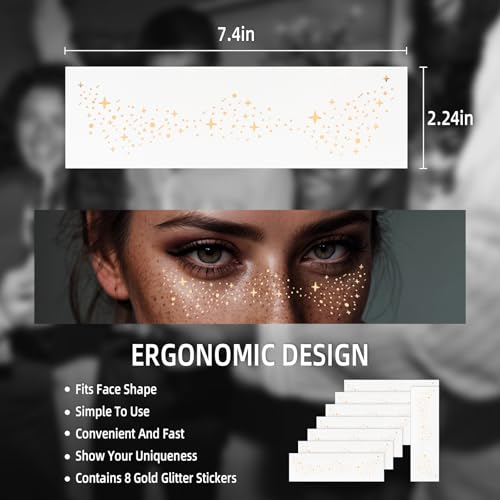 Sokfone Gold Glitter Freckles Face Tattoo 8-Pack Waterproof Temporary Makeup Patches