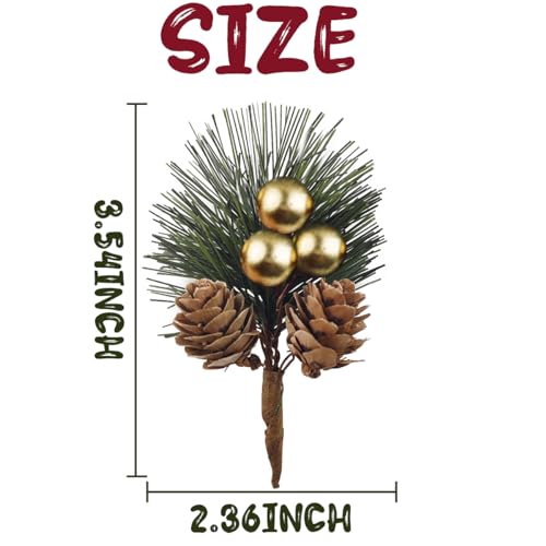 Artificial Pine Picks with Gold Berries and Pinecones - Christmas Decor, 25 Pack