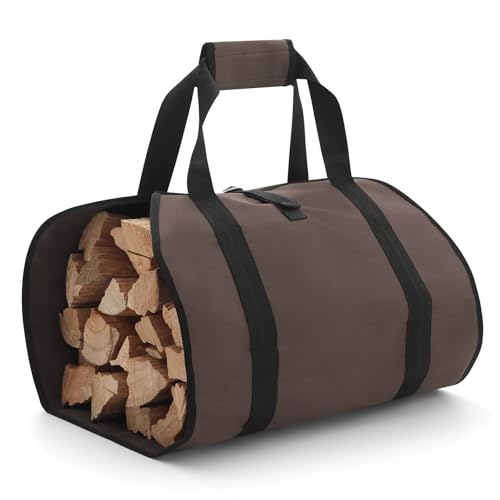 FLASLD Heavy Duty Waxed Canvas Firewood Carrier - Large Log Tote (Brown)