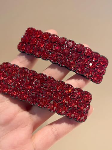 Red Rhinestone Hair Barrettes Snap Clips - 2Pcs Korean Hair Accessories