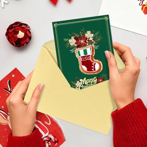 Embroidered Christmas Card with Stocking & Gold Envelope