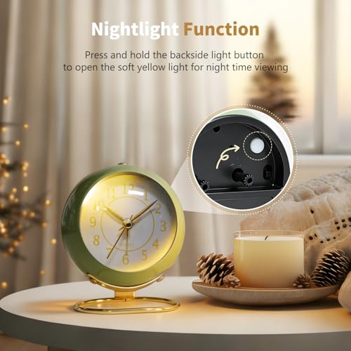 Azxb Retro Analog Alarm Clock - Avocado Green, Silent & Backlit