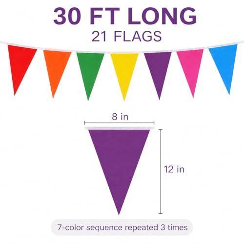 30ft Reusable Rainbow Pennant Banner - 21 Large Flags for Events