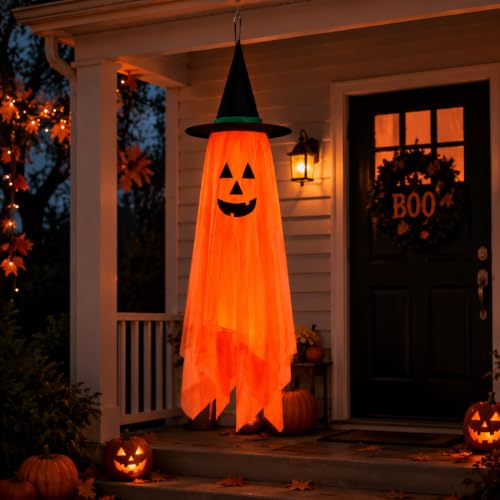 Baboea 39.4-Inch Hanging Ghost Decoration with Witch Hat for Halloween