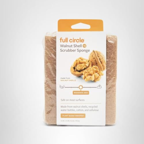 Full Circle Walnut and Cellulose Scrubber Sponges – Pack of 6 – Powerful, Non-Scratch Kitchen Sponges Made with Plant-Based Sustainable Materials, Safe for Nonstick Cookware