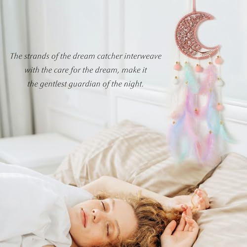 Pretty Jolly Pink Moon Dream Catcher with Crystal Stones Wall Decor
